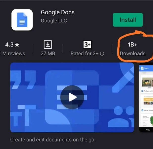 Количество загрузок приложения Google Docs для Android перевалило за 1 миллиард