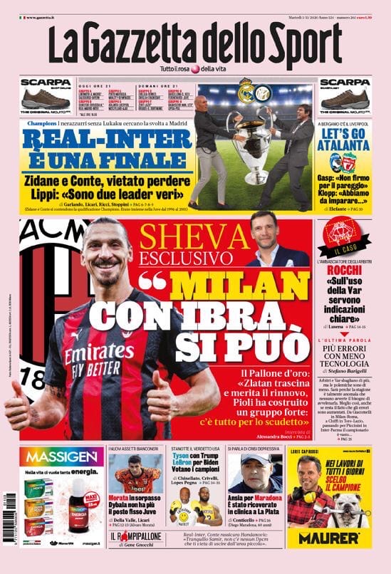 «Милан», с Иброй ты сможешь». Заголовки Gazzetta, TuttoSport и Corriere за 3 ноября